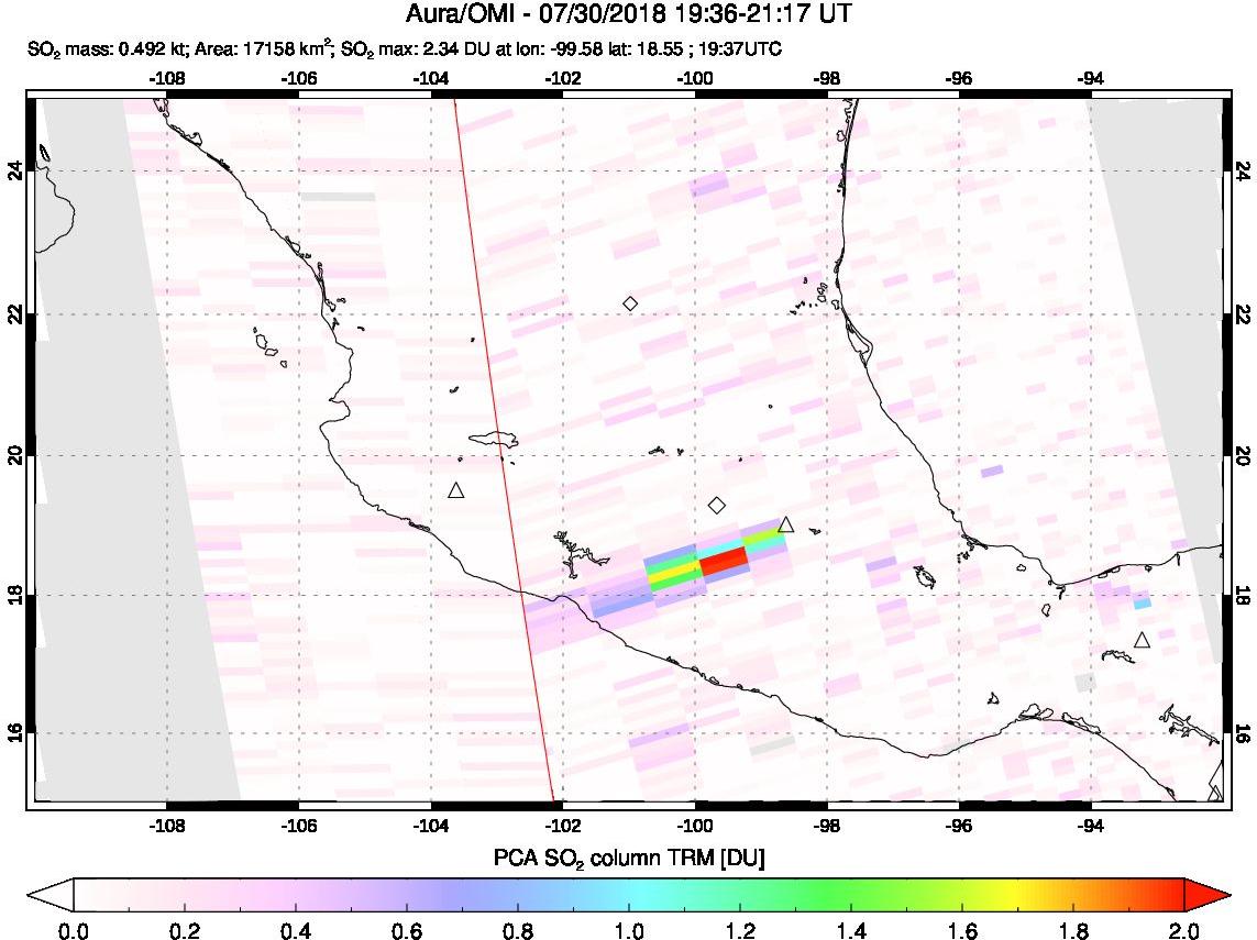 A sulfur dioxide image over Mexico on Jul 30, 2018.