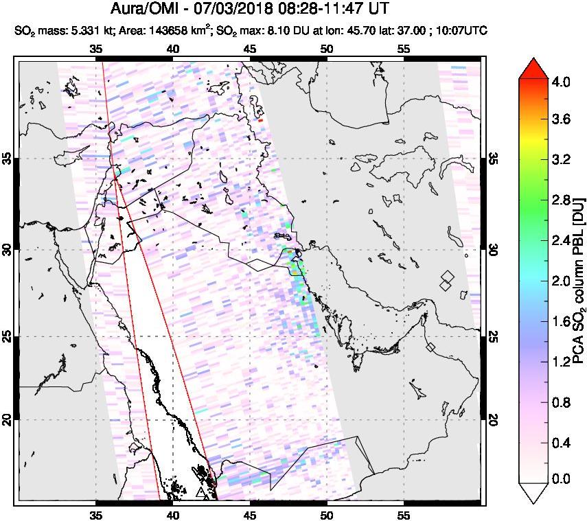 A sulfur dioxide image over Middle East on Jul 03, 2018.