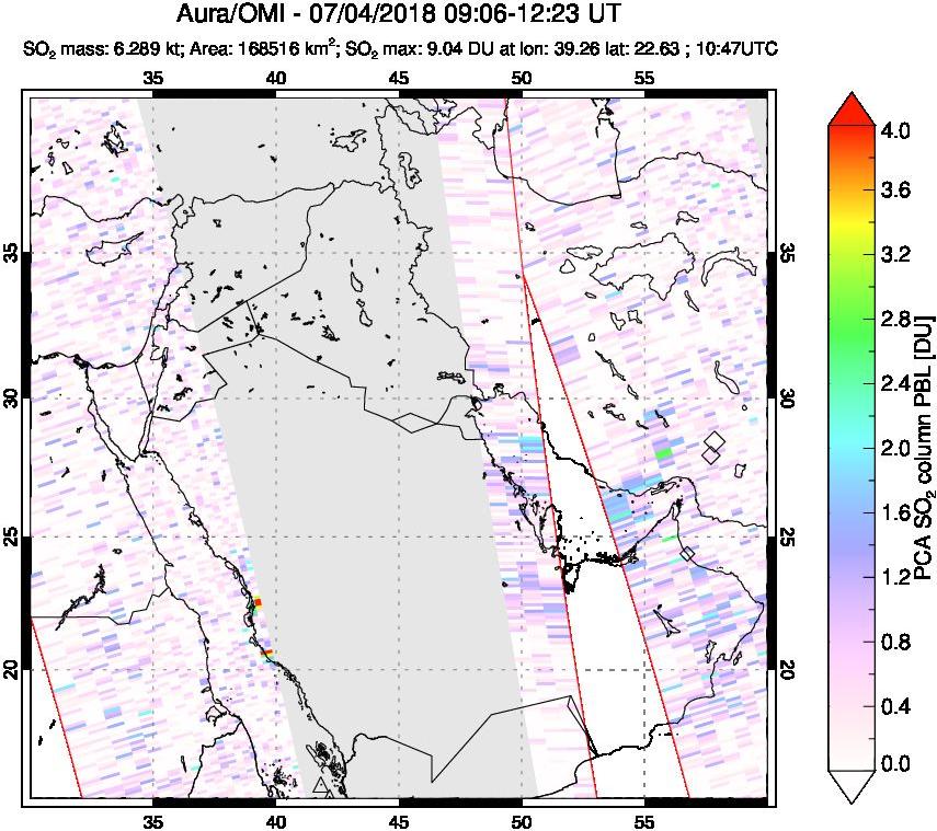 A sulfur dioxide image over Middle East on Jul 04, 2018.