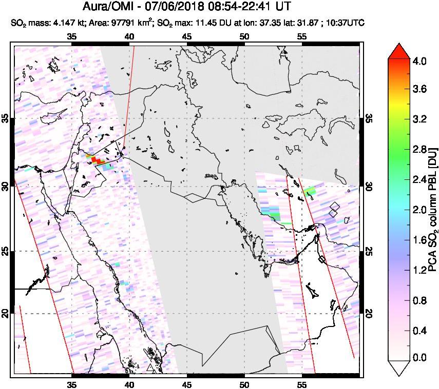 A sulfur dioxide image over Middle East on Jul 06, 2018.