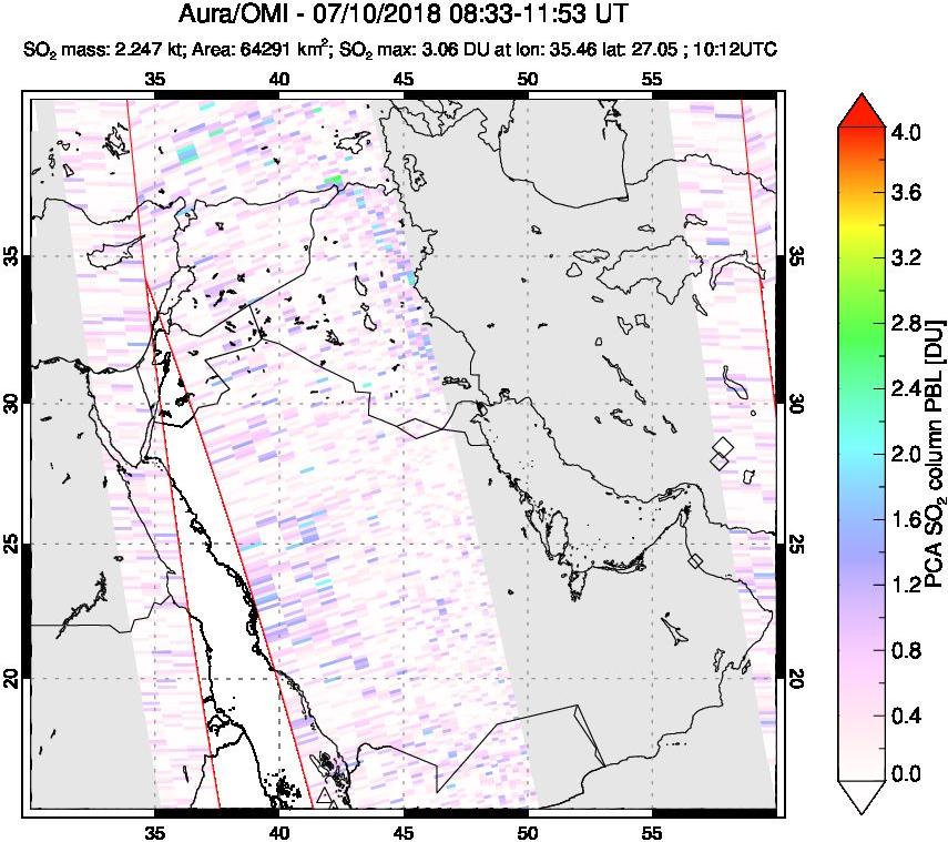 A sulfur dioxide image over Middle East on Jul 10, 2018.