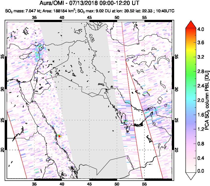A sulfur dioxide image over Middle East on Jul 13, 2018.