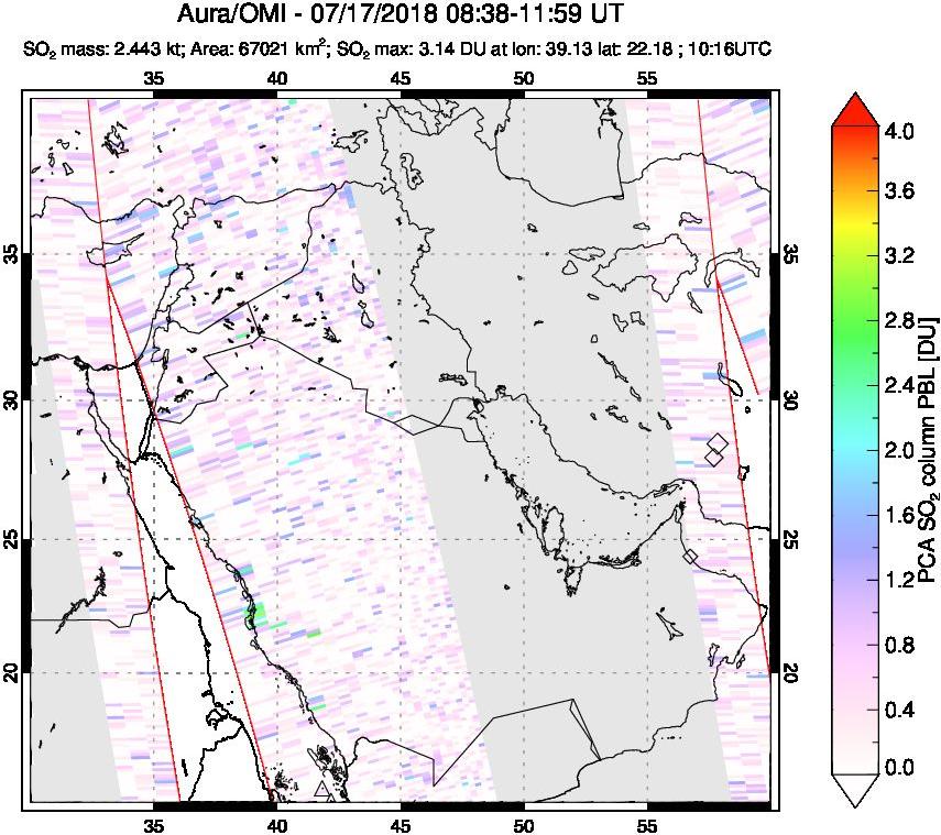A sulfur dioxide image over Middle East on Jul 17, 2018.