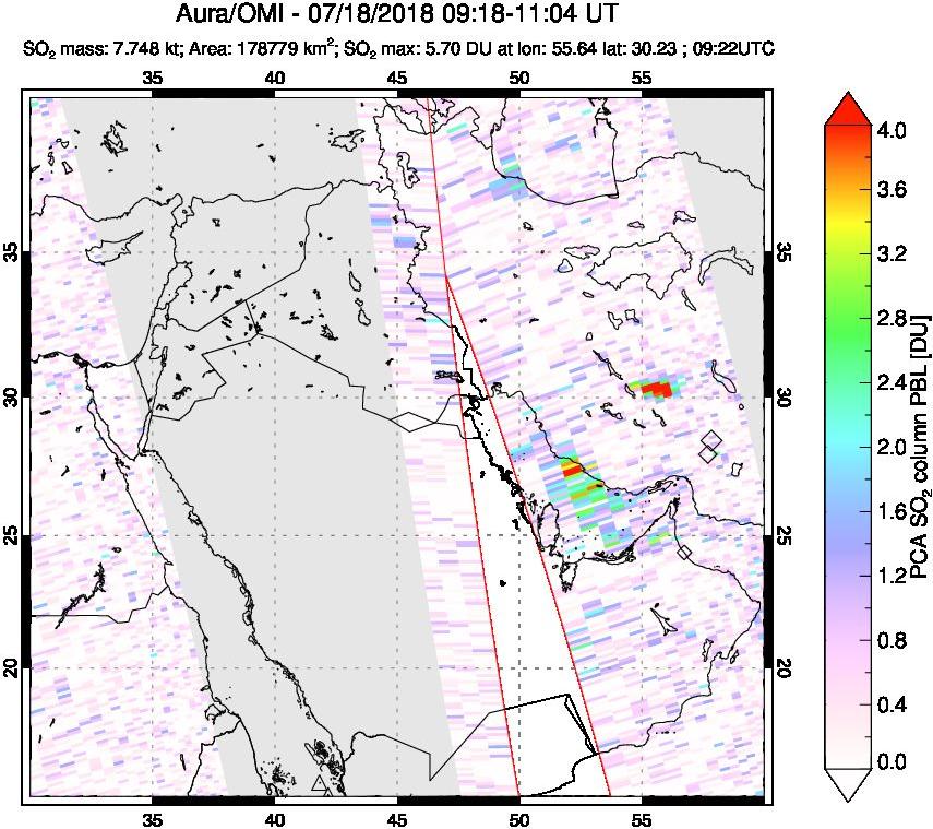 A sulfur dioxide image over Middle East on Jul 18, 2018.