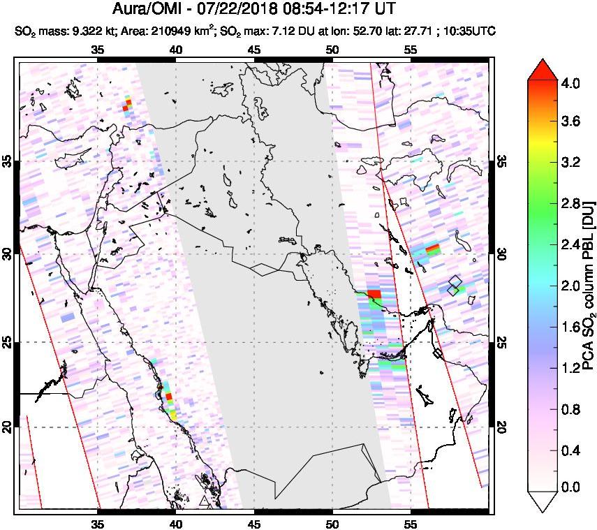 A sulfur dioxide image over Middle East on Jul 22, 2018.