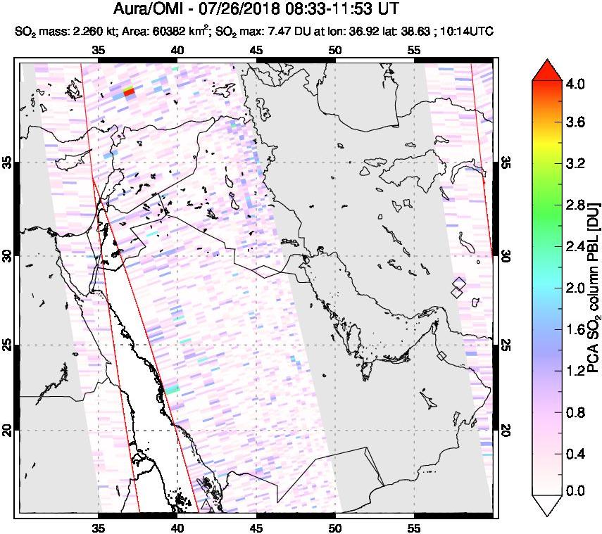 A sulfur dioxide image over Middle East on Jul 26, 2018.
