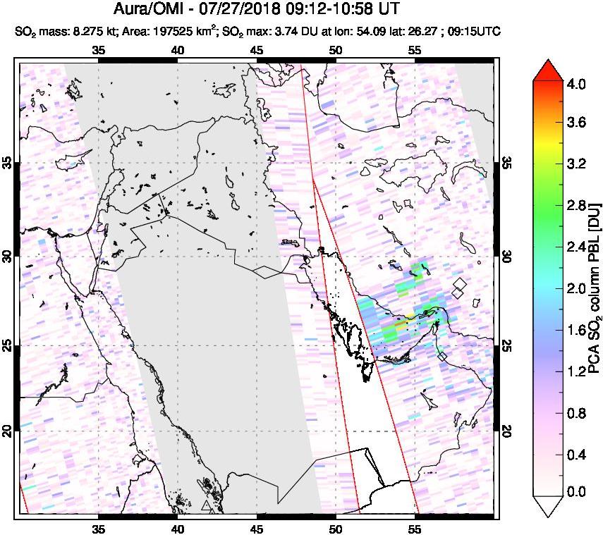 A sulfur dioxide image over Middle East on Jul 27, 2018.