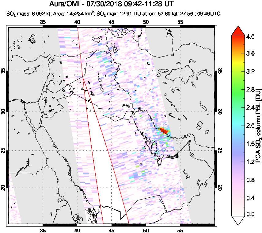 A sulfur dioxide image over Middle East on Jul 30, 2018.