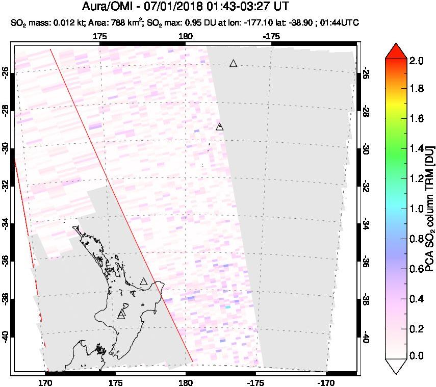 A sulfur dioxide image over New Zealand on Jul 01, 2018.