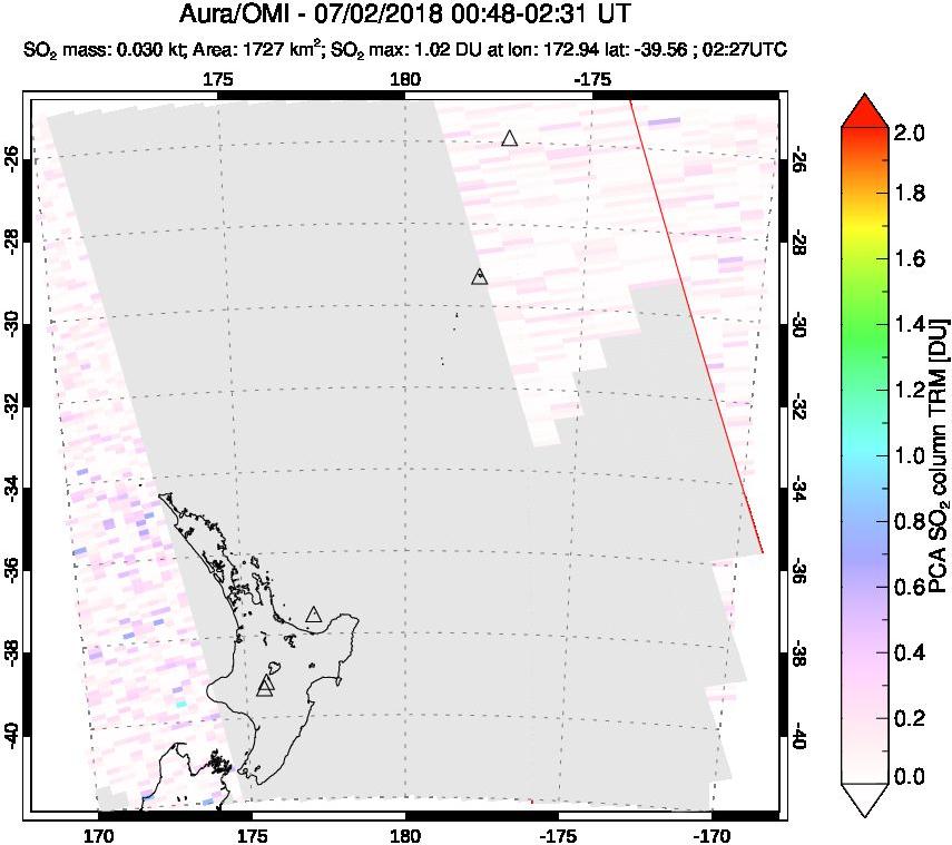 A sulfur dioxide image over New Zealand on Jul 02, 2018.
