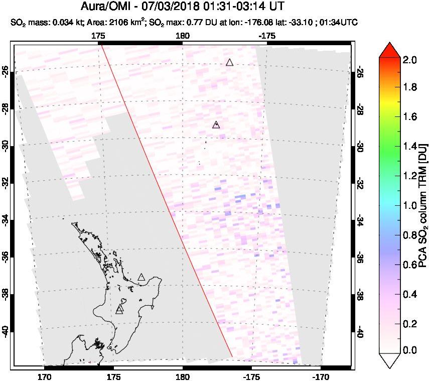 A sulfur dioxide image over New Zealand on Jul 03, 2018.