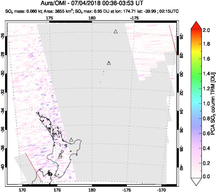 A sulfur dioxide image over New Zealand on Jul 04, 2018.