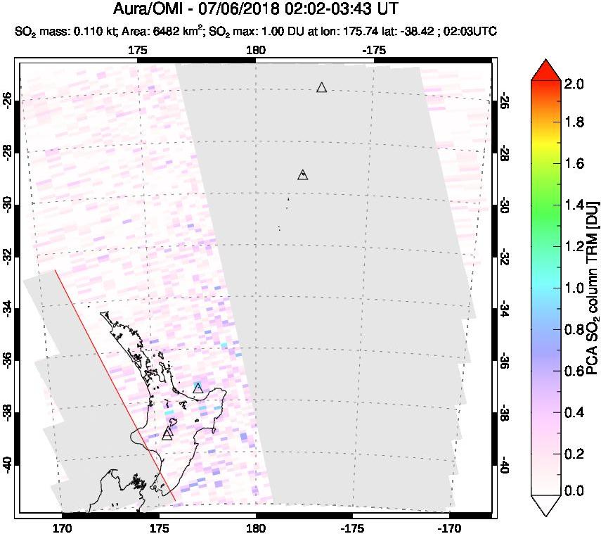 A sulfur dioxide image over New Zealand on Jul 06, 2018.