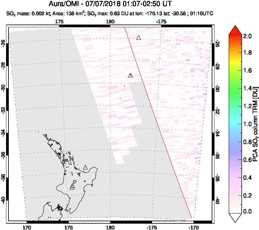 A sulfur dioxide image over New Zealand on Jul 07, 2018.
