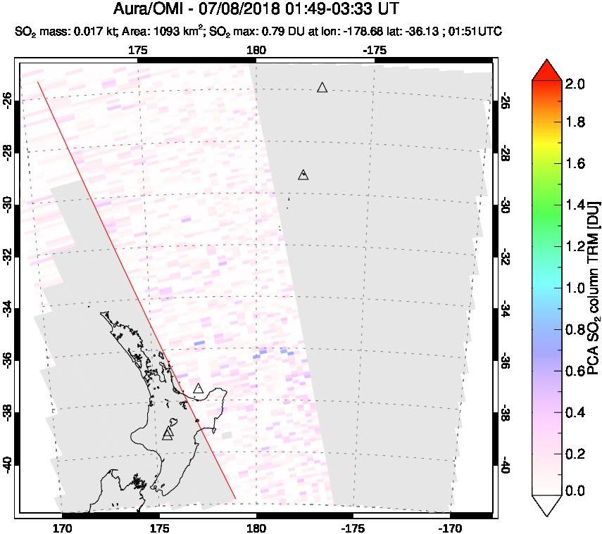 A sulfur dioxide image over New Zealand on Jul 08, 2018.