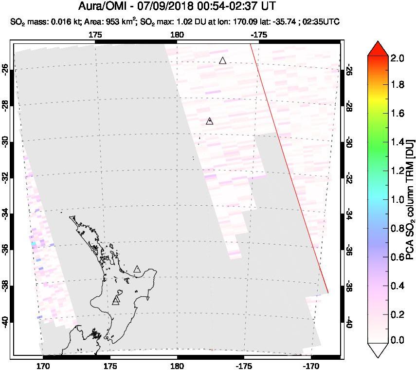 A sulfur dioxide image over New Zealand on Jul 09, 2018.