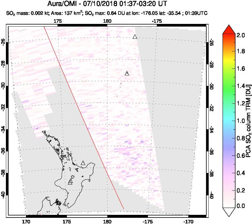 A sulfur dioxide image over New Zealand on Jul 10, 2018.
