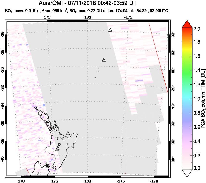 A sulfur dioxide image over New Zealand on Jul 11, 2018.