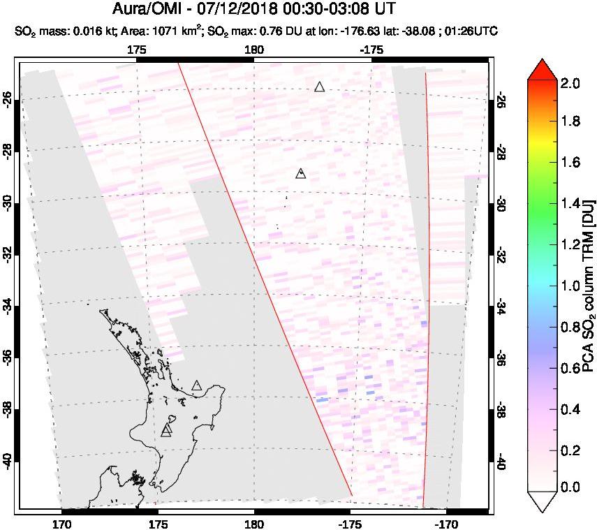 A sulfur dioxide image over New Zealand on Jul 12, 2018.