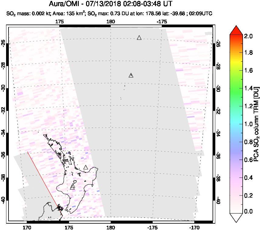 A sulfur dioxide image over New Zealand on Jul 13, 2018.