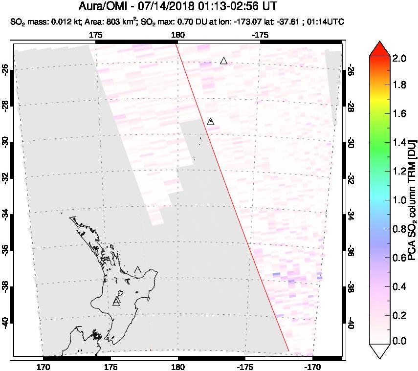 A sulfur dioxide image over New Zealand on Jul 14, 2018.