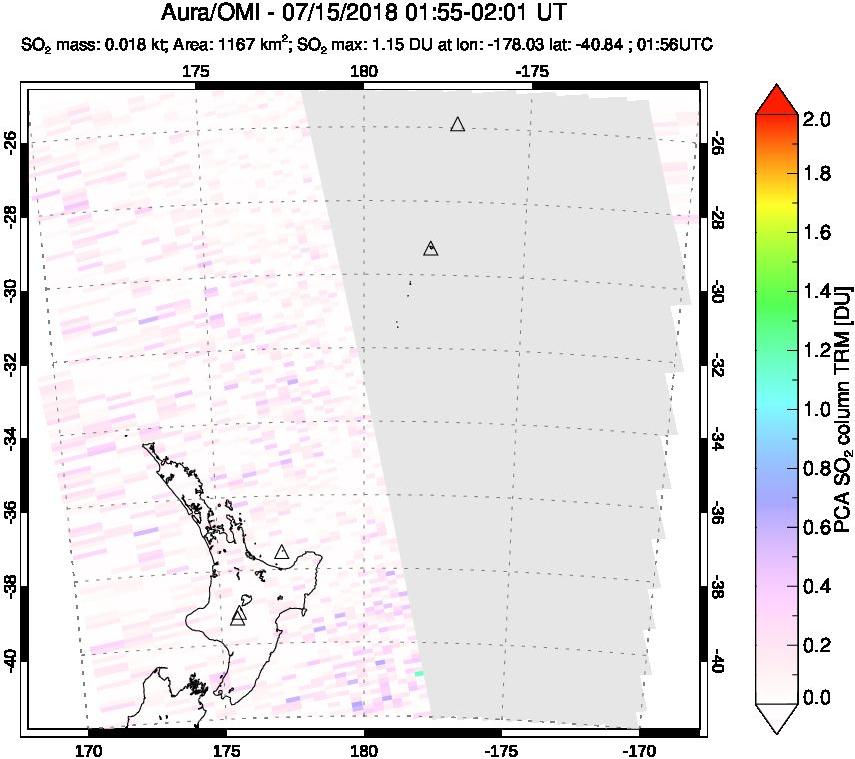 A sulfur dioxide image over New Zealand on Jul 15, 2018.