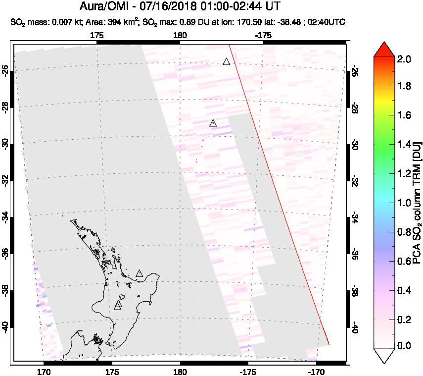 A sulfur dioxide image over New Zealand on Jul 16, 2018.