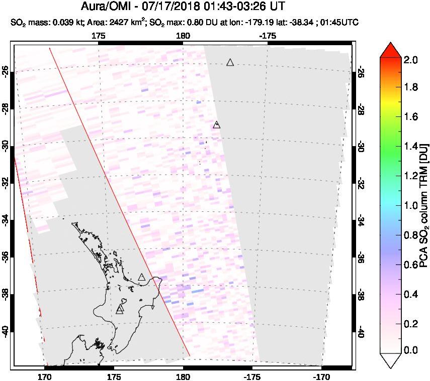 A sulfur dioxide image over New Zealand on Jul 17, 2018.