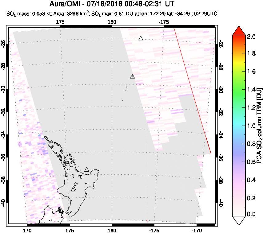 A sulfur dioxide image over New Zealand on Jul 18, 2018.