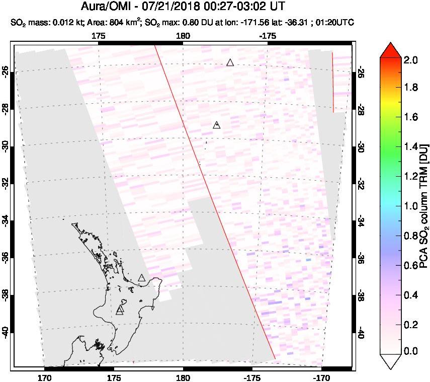A sulfur dioxide image over New Zealand on Jul 21, 2018.