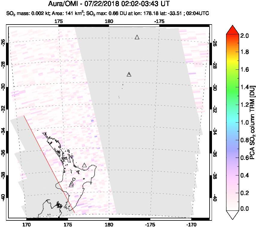 A sulfur dioxide image over New Zealand on Jul 22, 2018.