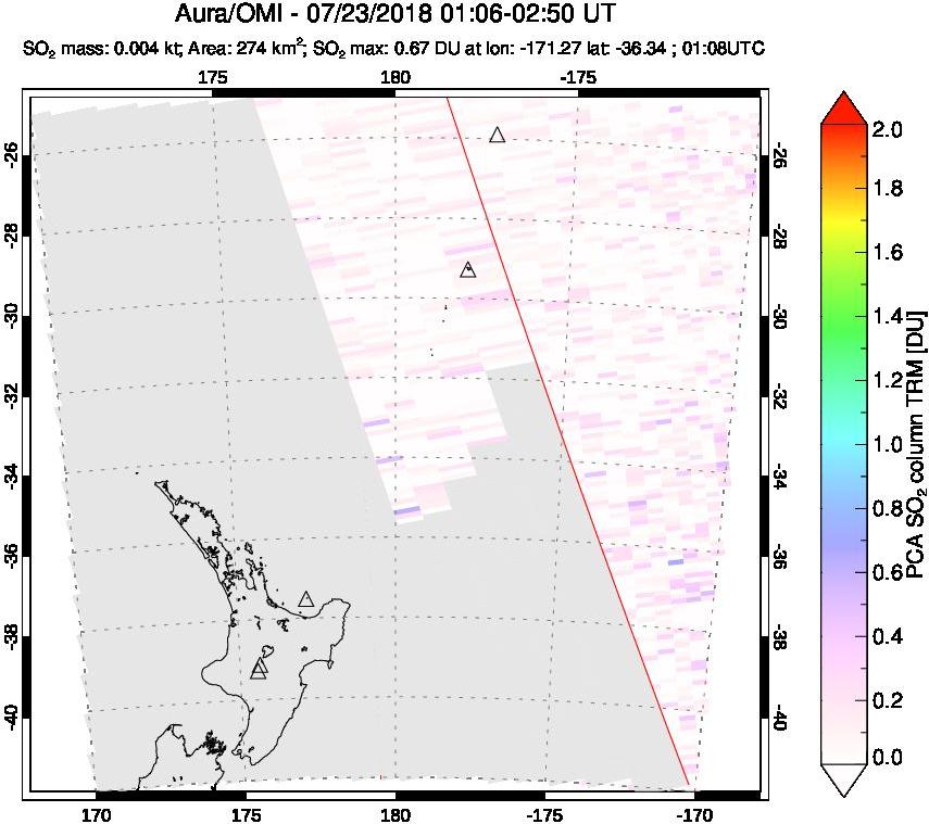 A sulfur dioxide image over New Zealand on Jul 23, 2018.