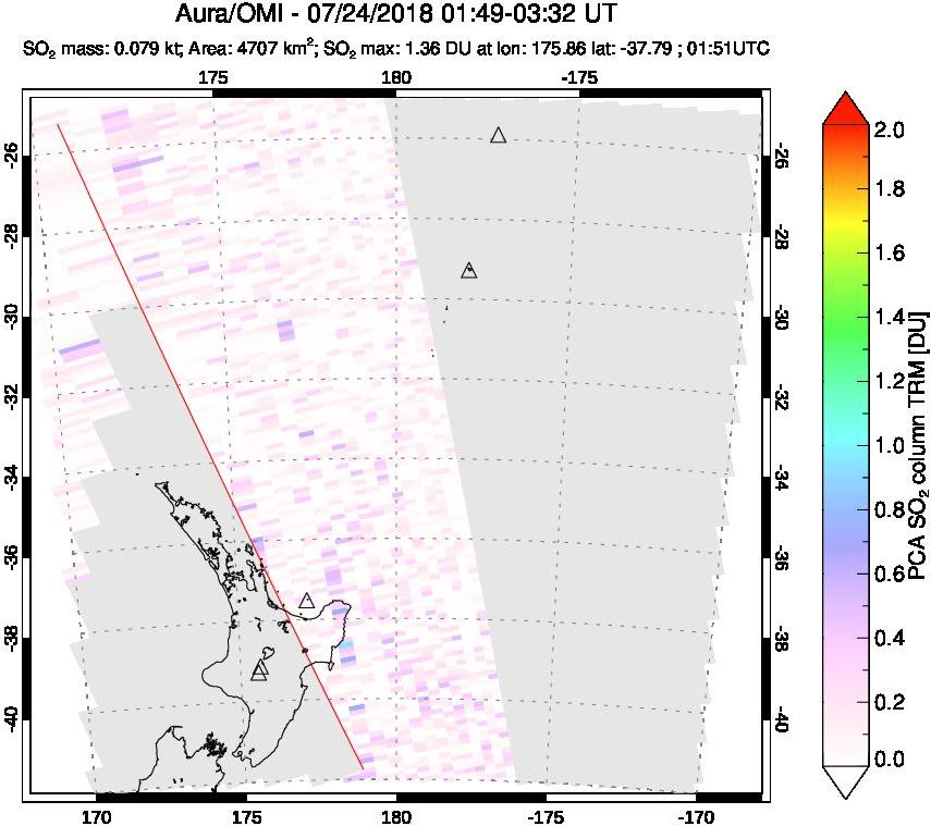 A sulfur dioxide image over New Zealand on Jul 24, 2018.