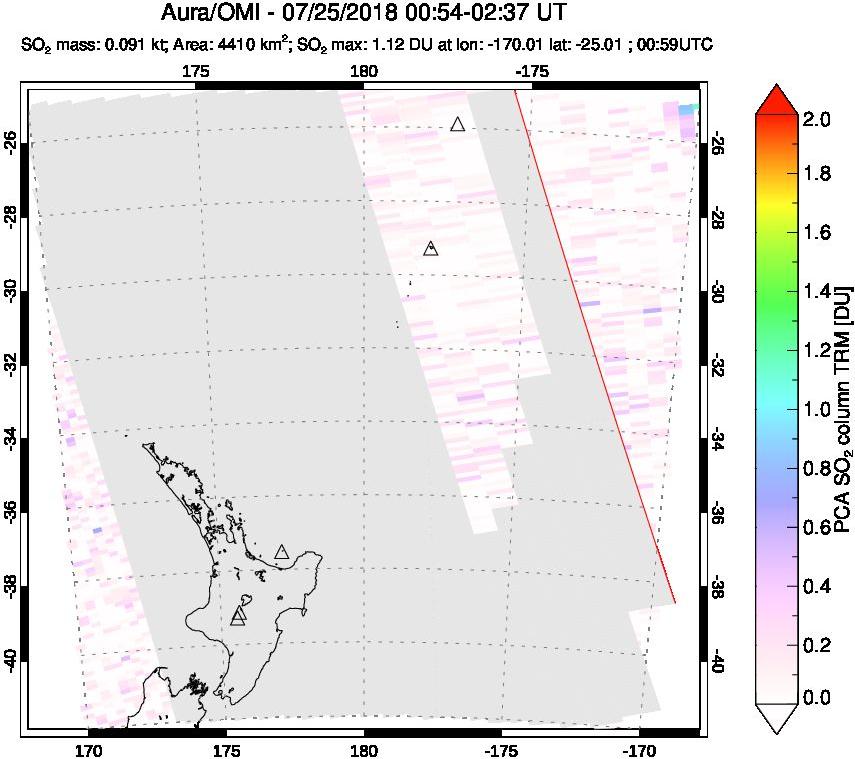 A sulfur dioxide image over New Zealand on Jul 25, 2018.