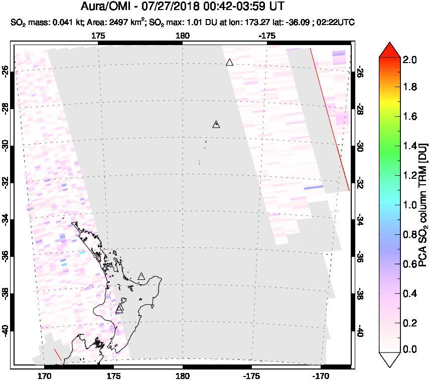 A sulfur dioxide image over New Zealand on Jul 27, 2018.