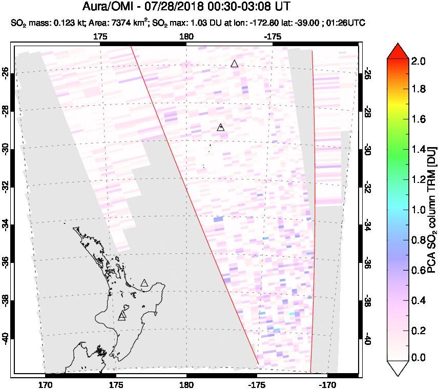 A sulfur dioxide image over New Zealand on Jul 28, 2018.