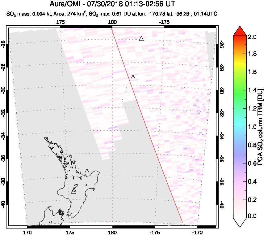 A sulfur dioxide image over New Zealand on Jul 30, 2018.