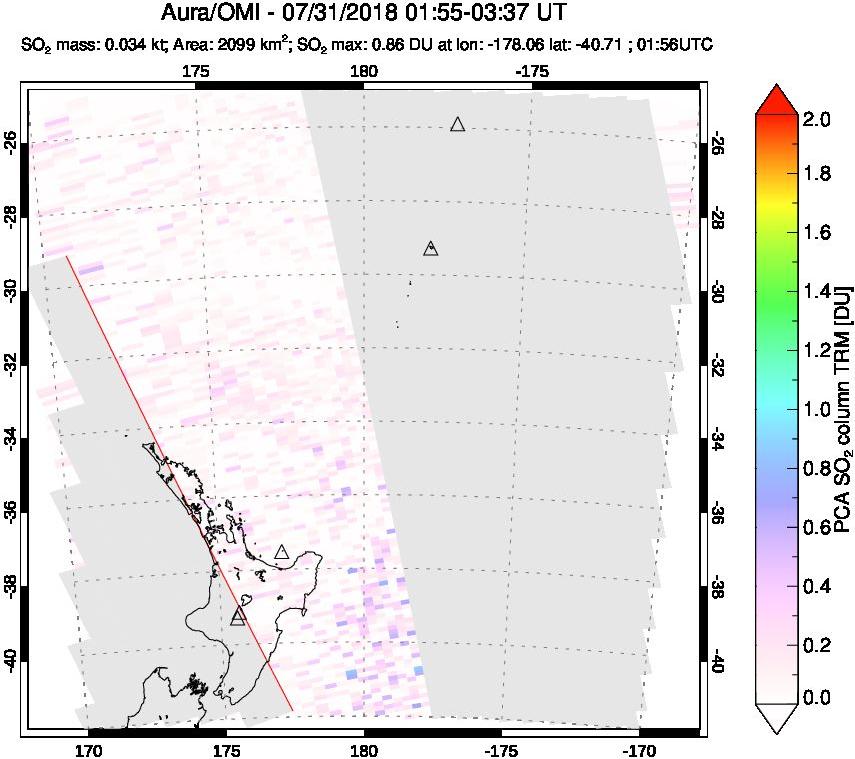 A sulfur dioxide image over New Zealand on Jul 31, 2018.
