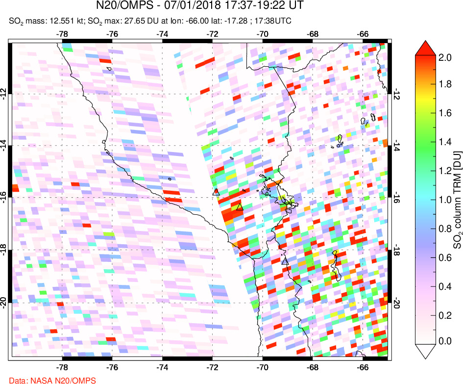 A sulfur dioxide image over Peru on Jul 01, 2018.