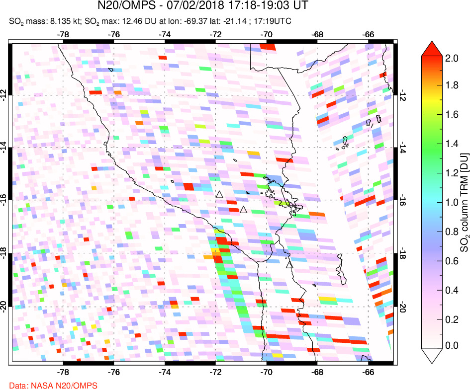 A sulfur dioxide image over Peru on Jul 02, 2018.