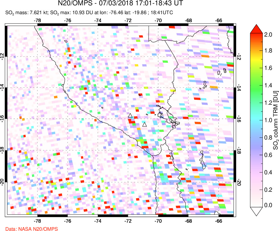 A sulfur dioxide image over Peru on Jul 03, 2018.