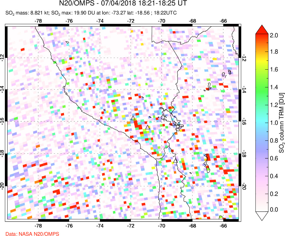 A sulfur dioxide image over Peru on Jul 04, 2018.