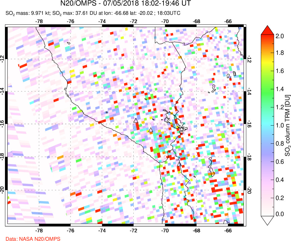 A sulfur dioxide image over Peru on Jul 05, 2018.