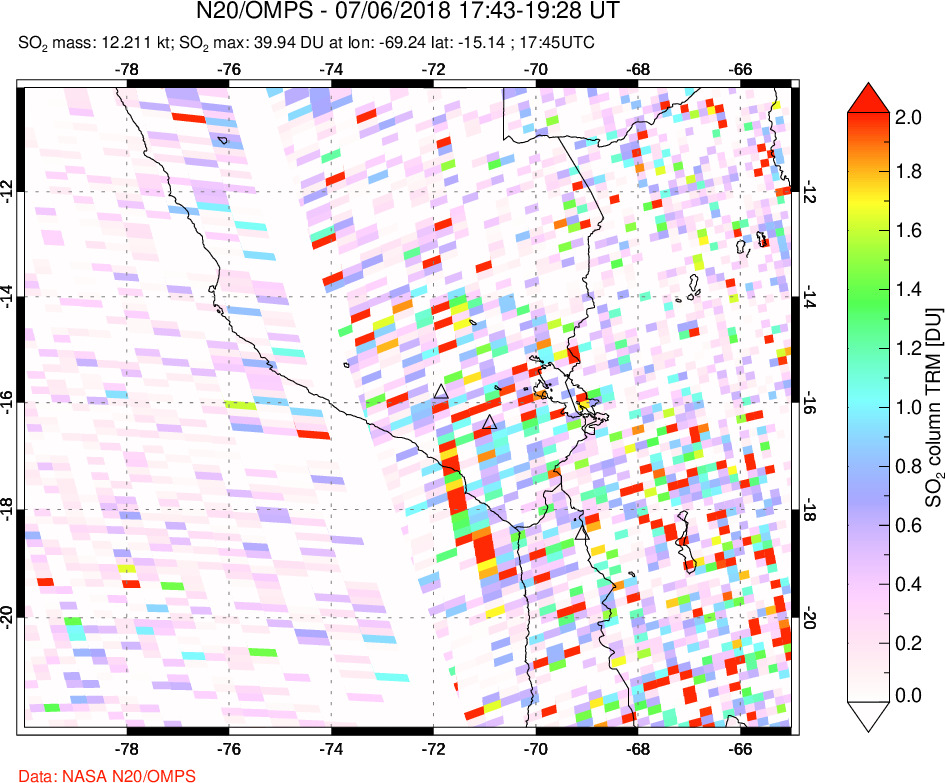 A sulfur dioxide image over Peru on Jul 06, 2018.