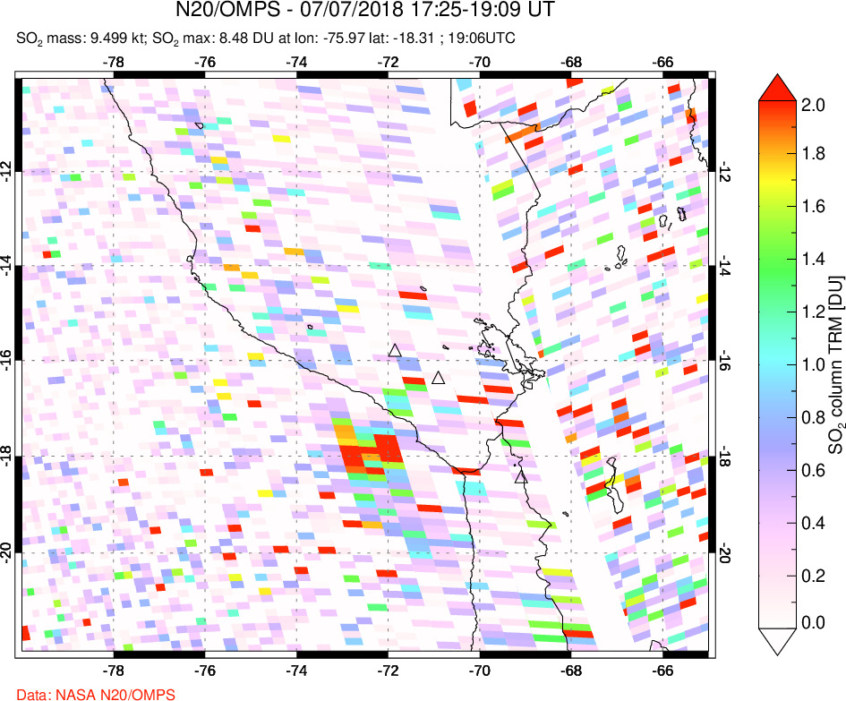 A sulfur dioxide image over Peru on Jul 07, 2018.