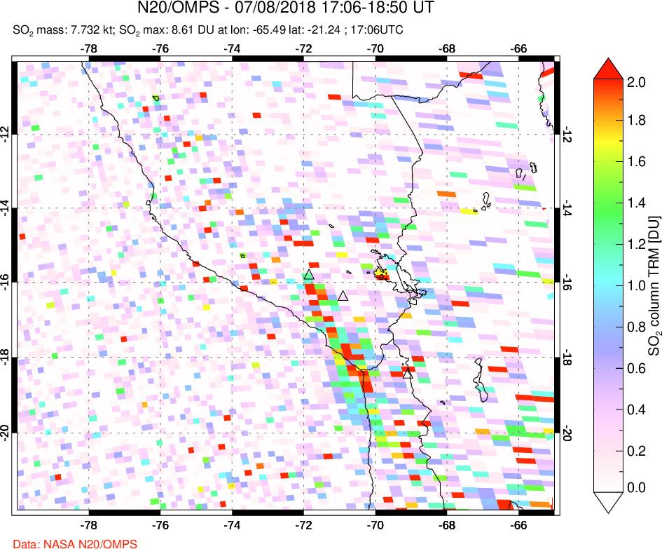 A sulfur dioxide image over Peru on Jul 08, 2018.