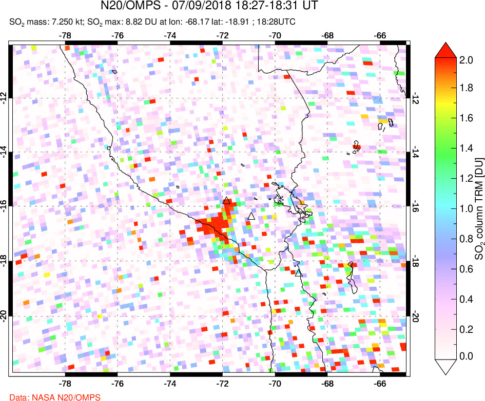 A sulfur dioxide image over Peru on Jul 09, 2018.