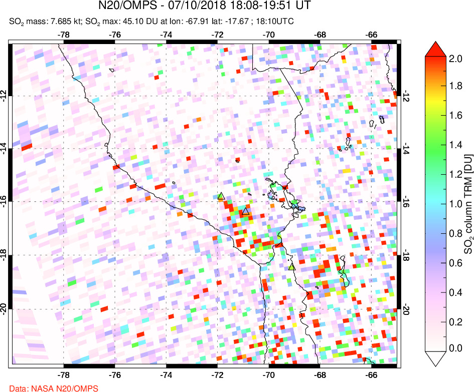 A sulfur dioxide image over Peru on Jul 10, 2018.