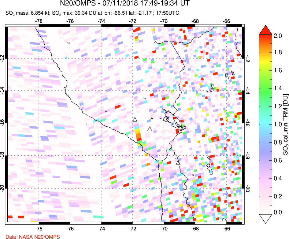 A sulfur dioxide image over Peru on Jul 11, 2018.