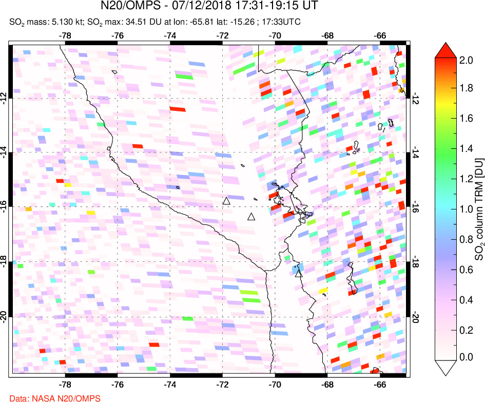 A sulfur dioxide image over Peru on Jul 12, 2018.